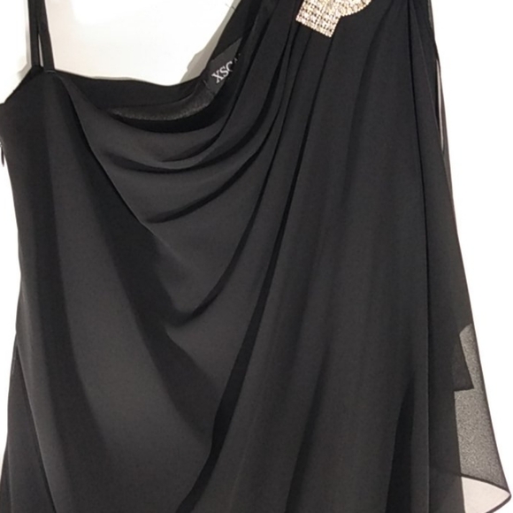 XSCAPE NWT BLACK ONE-SHOULDER RHINESTONE FLUTTER HEM MINI DRESS SIZE 6 - Picture 6 of 15